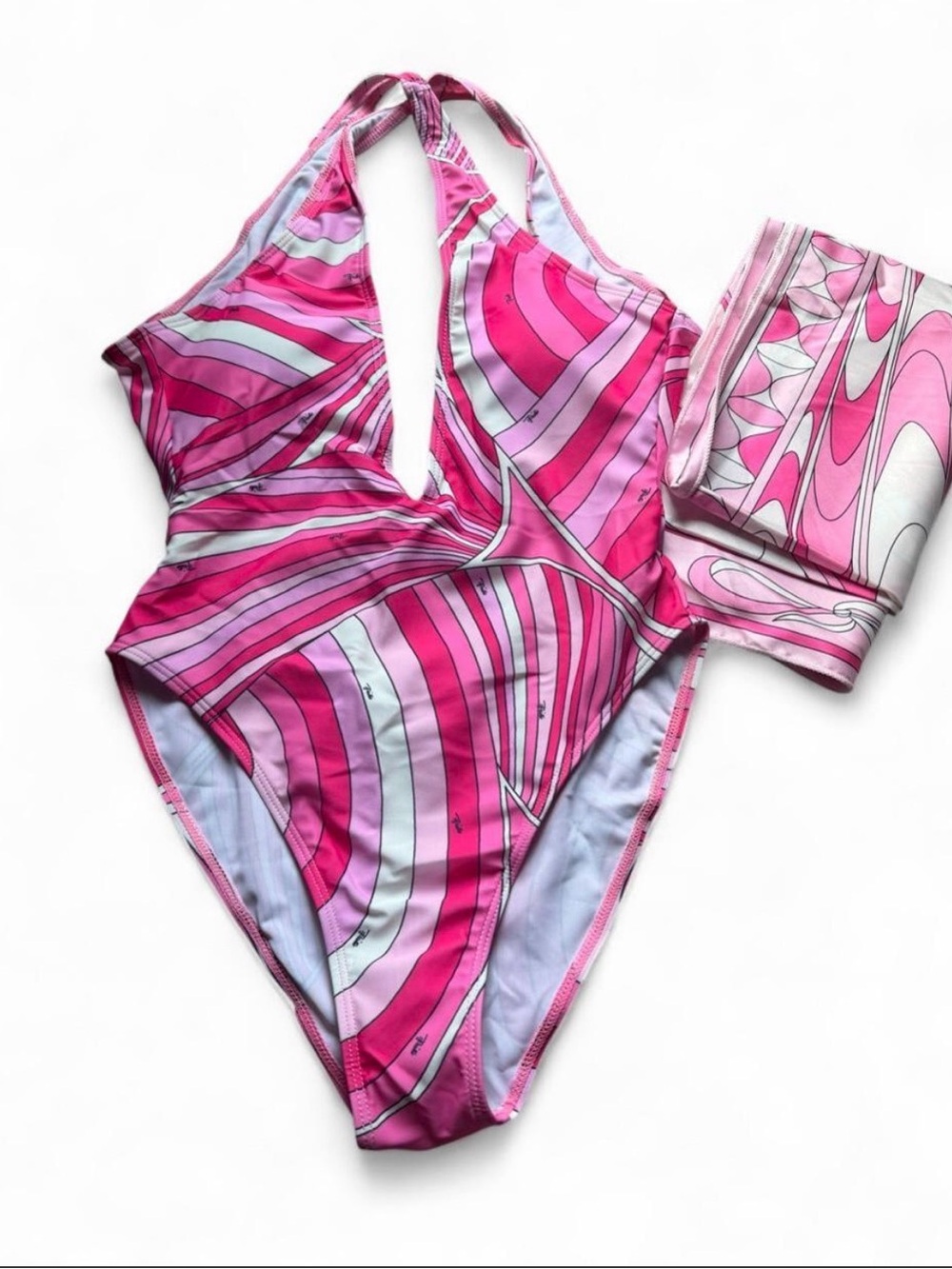 Emilio Pucci Pink Multi-Pattern One-Piece Swimsuit with Sarong 3 PCS